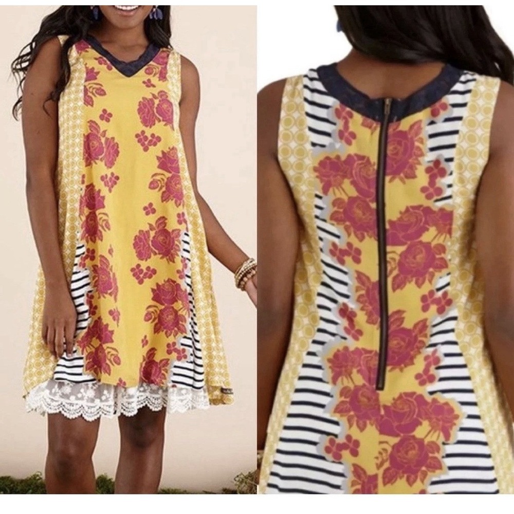 Matilda Jane Golden Key Swing Large Mixed Floral Striped Sleeveless Dress Yellow